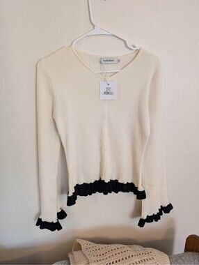 Paper Heart NWT Off White Ribbed Cardigan Black Ruffle Trim Size 14 NWT